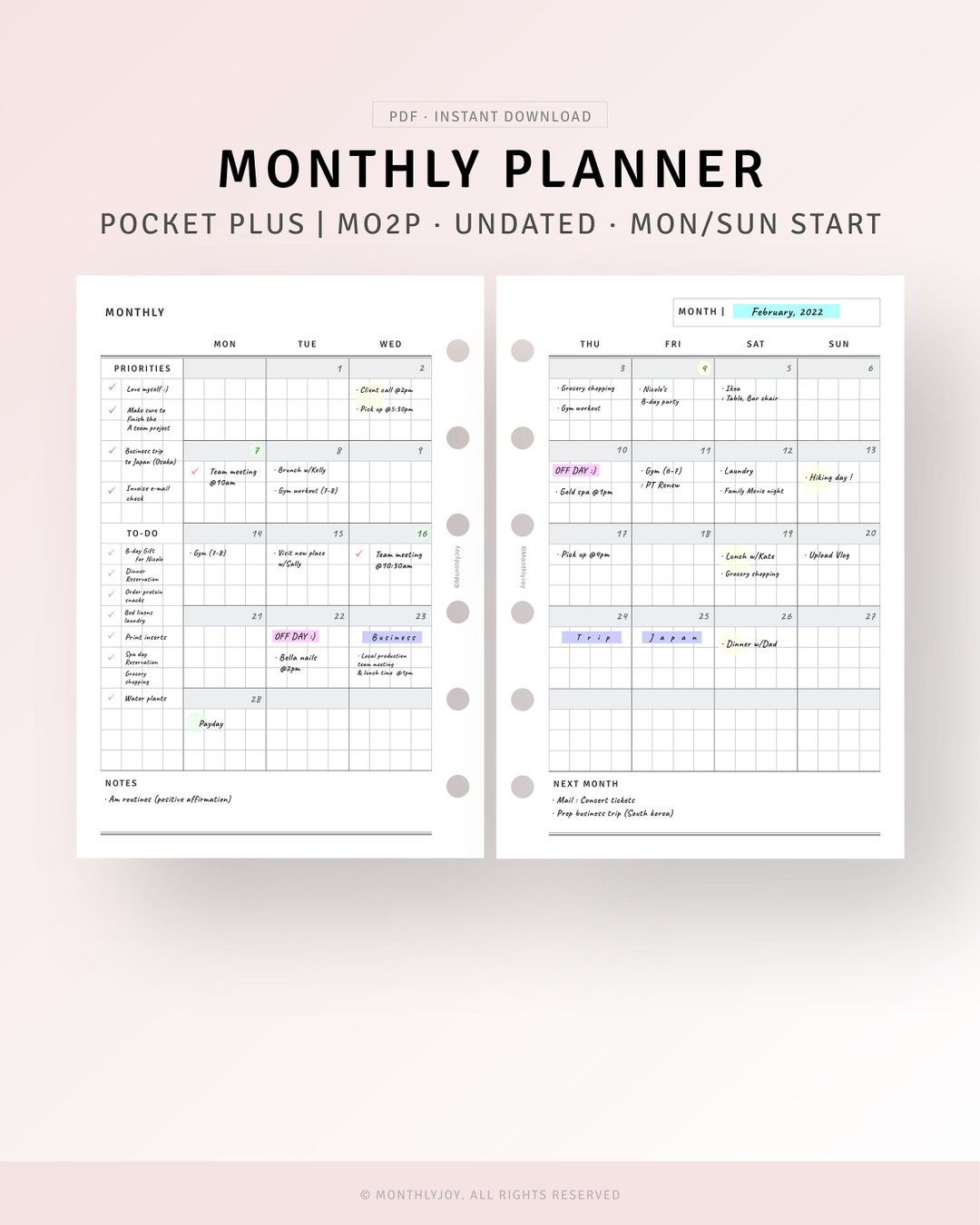 Undated Monthly Planner Pocket Plus Inserts Printable, Month on 2 Pages ...