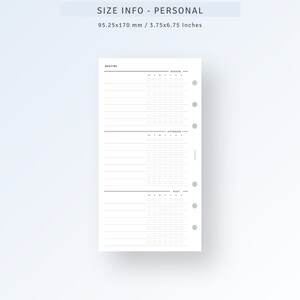 May include: A black and white printable planner page with a routine section, morning, afternoon, and night sections. The page is designed for a personal size planner, measuring 3.75x6.75 inches.