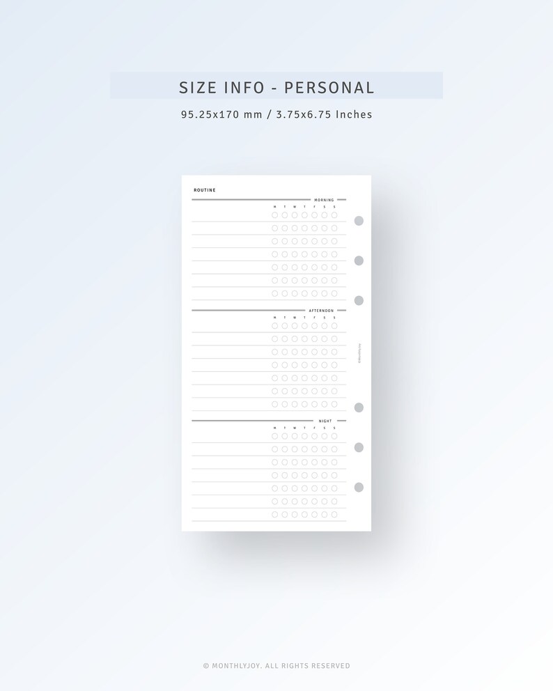 May include: A black and white printable planner page with a routine section, morning, afternoon, and night sections. The page is designed for a personal size planner, measuring 3.75x6.75 inches.