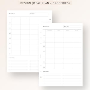 May include: A printable meal planner and grocery list template. The template is divided into sections for breakfast, lunch, dinner, and snacks for each day of the week. There is also a section for groceries.