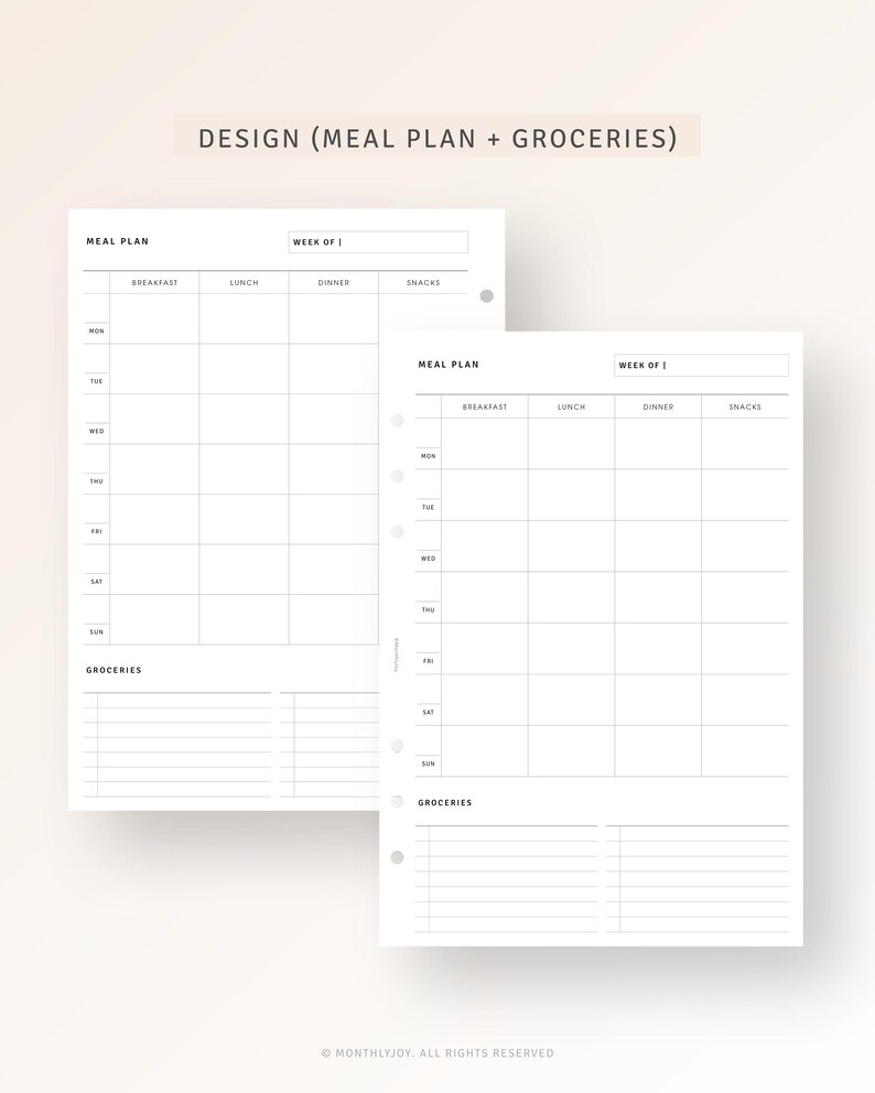 May include: A printable meal planner and grocery list template. The template is divided into sections for breakfast, lunch, dinner, and snacks for each day of the week. There is also a section for groceries.