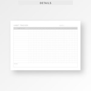 Puede incluir: Un rastreador de h&aacute;bitos imprimible con una cuadr&iacute;cula para rastrear h&aacute;bitos diarios. El rastreador tiene una secci&oacute;n para notas y un encabezado que dice "Habit Tracker".
