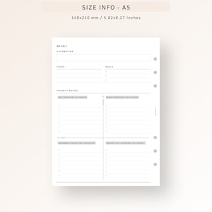 May include: A black and white printable A5 planner page with sections for weekly affirmation, focus, goals, and a priority matrix. The priority matrix is divided into four quadrants: Do, Plan, Delegate, and Delete. Each quadrant has a list of checkboxes.