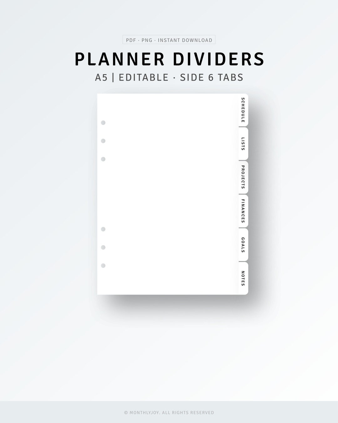 A5 Planner Dividers Printable | PDF, PNG | Editable Side Tabs Template ...