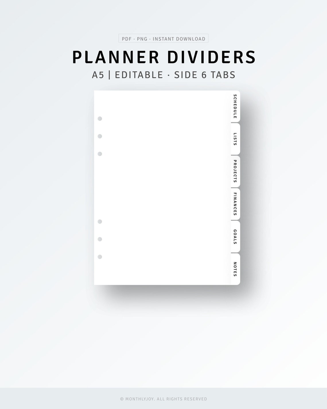 A5 Planner Dividers Printable PDF, PNG Editable Side Tabs Template