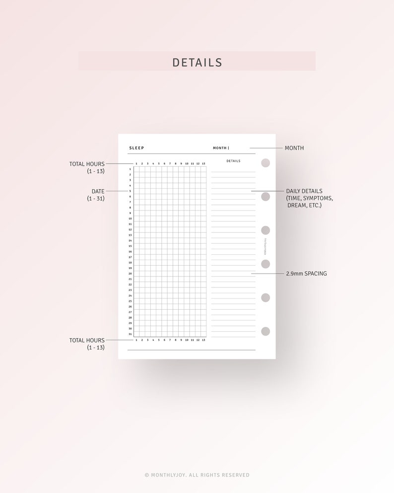 May include: A black and white printable sleep tracker with a grid for tracking hours of sleep and a section for daily details. The tracker is designed for a monthly overview of sleep patterns.