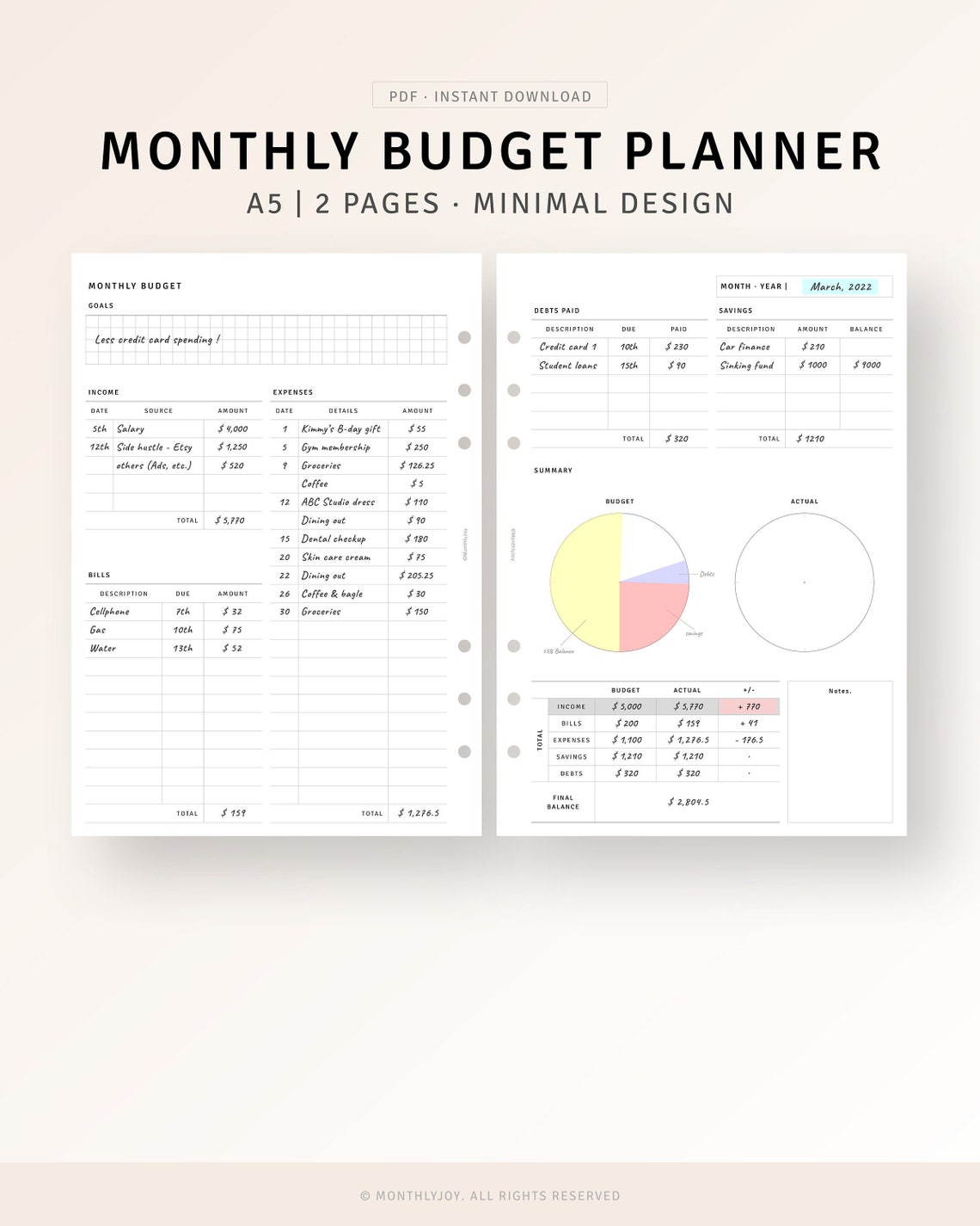 A5 Size Budget Planner Printable Money Tracker Template Bill Etsy