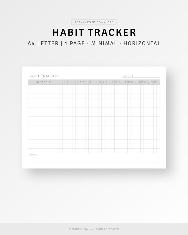 Puede incluir: Un rastreador de h&aacute;bitos imprimible en blanco y negro con el texto "HABIT TRACKER" en negrita en la parte superior. El rastreador est&aacute; dise&ntilde;ado para un solo mes e incluye una secci&oacute;n para notas.