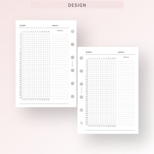 May include: Two black and white printable planner pages for tracking sleep. The pages are labeled "Sleep" and "Month 1" and "Month 2". Each page has a grid for tracking hours of sleep and a section for notes.