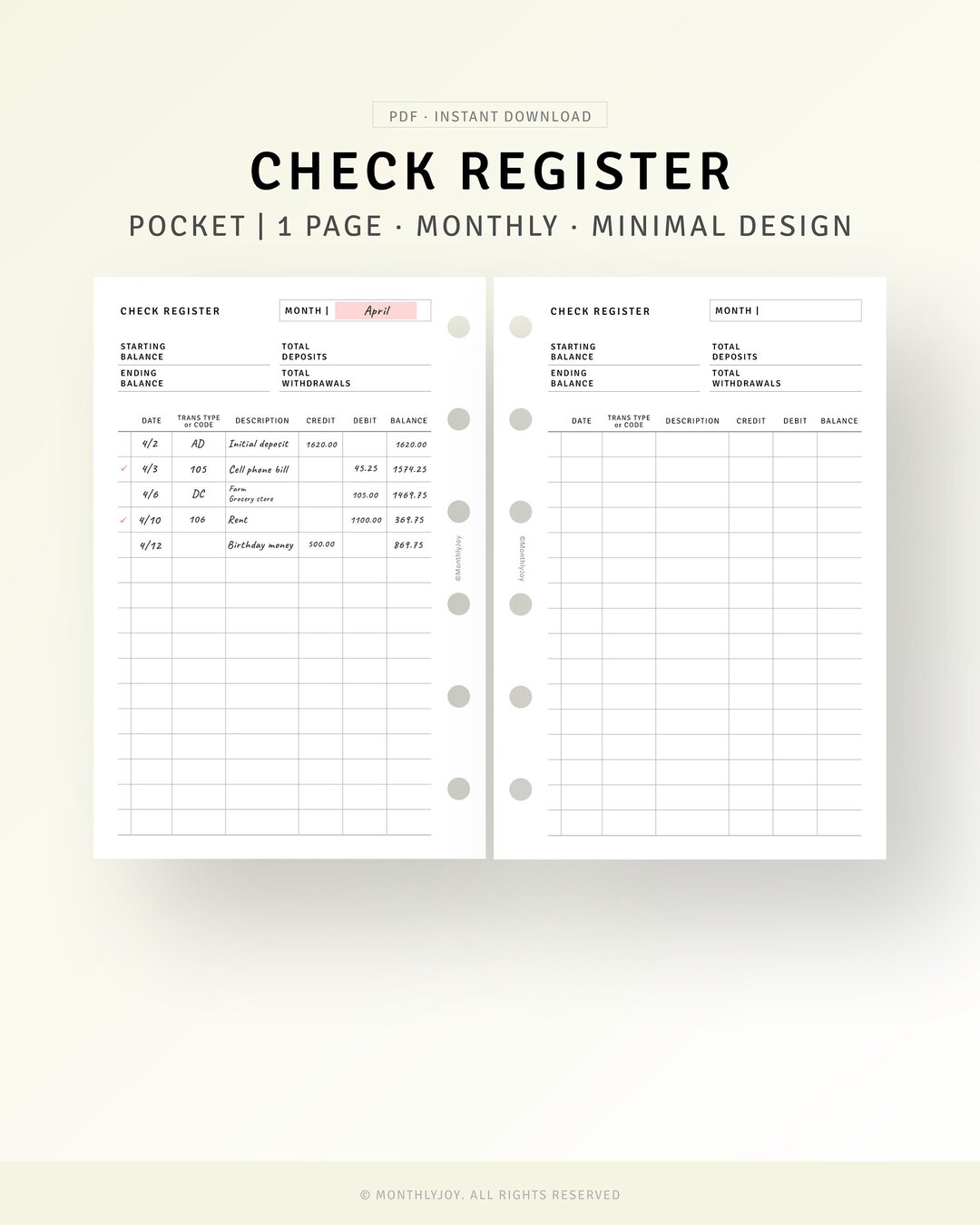 Pocket, Check Register Printable Template, Checkbook Ledger, Spending Money Tracker Payment ...