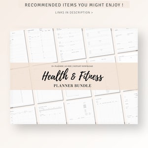May include: A digital planner bundle for health and fitness. The bundle includes 15+ printable planners in A4 size. The text "Health & Fitness Planner Bundle" is displayed on a white background.