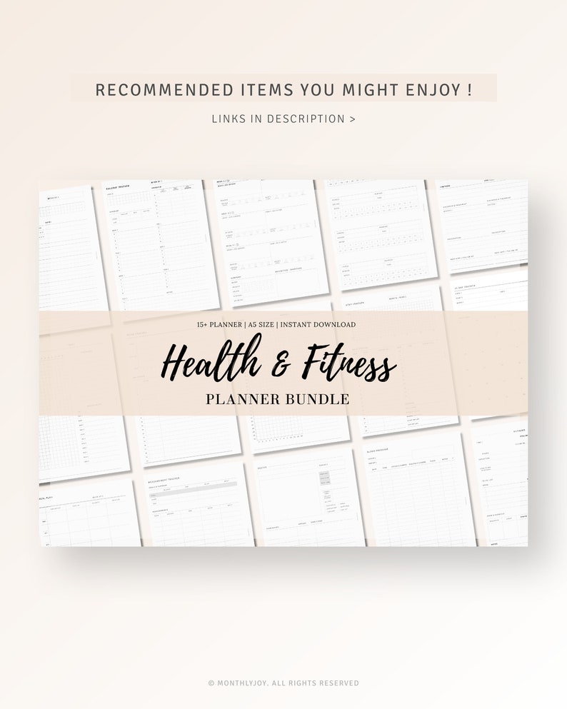 May include: A digital planner bundle for health and fitness. The bundle includes 15+ printable planners in A4 size. The text "Health & Fitness Planner Bundle" is displayed on a white background.
