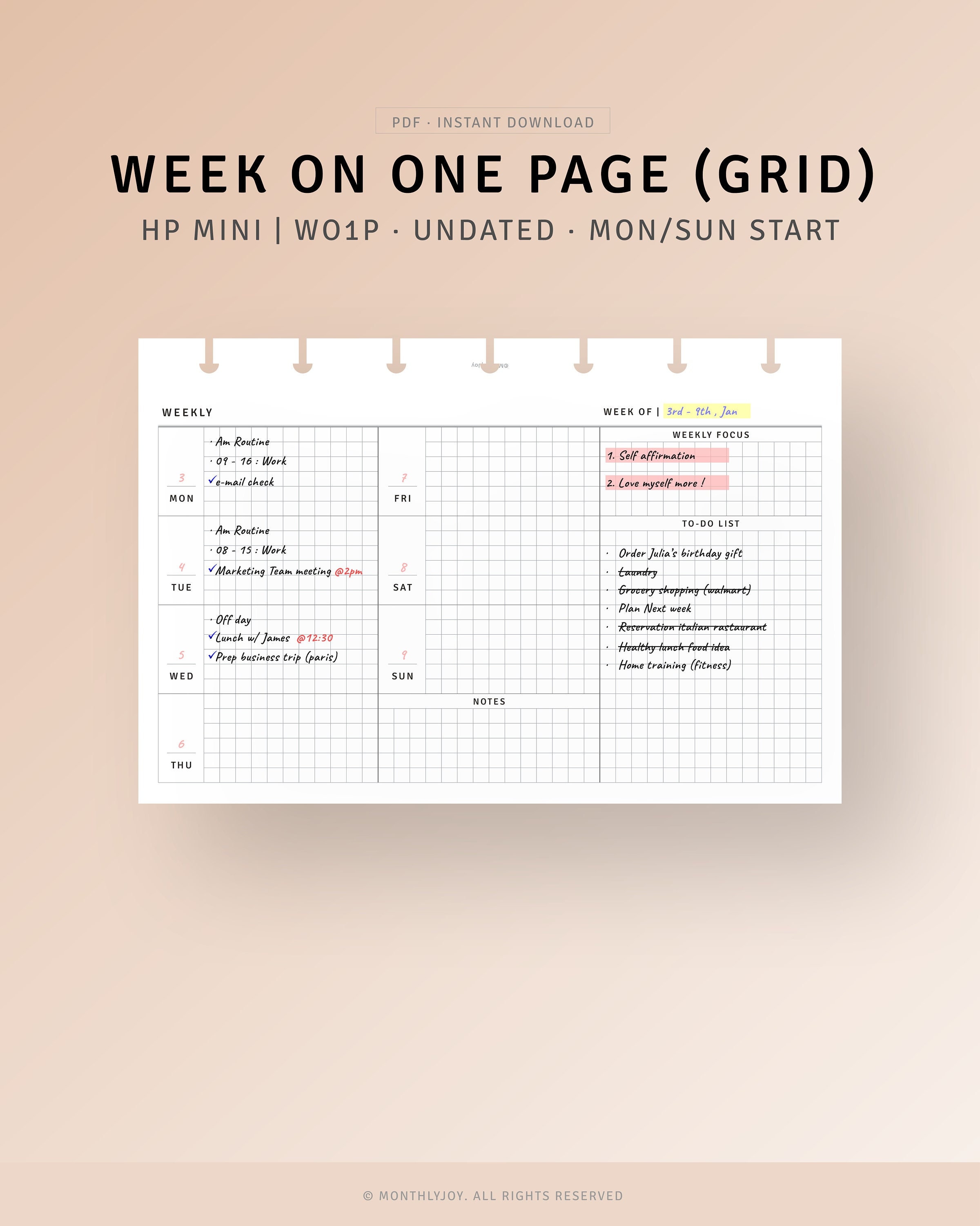 Week on One Page, HP Mini Inserts Printable Weekly Planner PDF Template ...