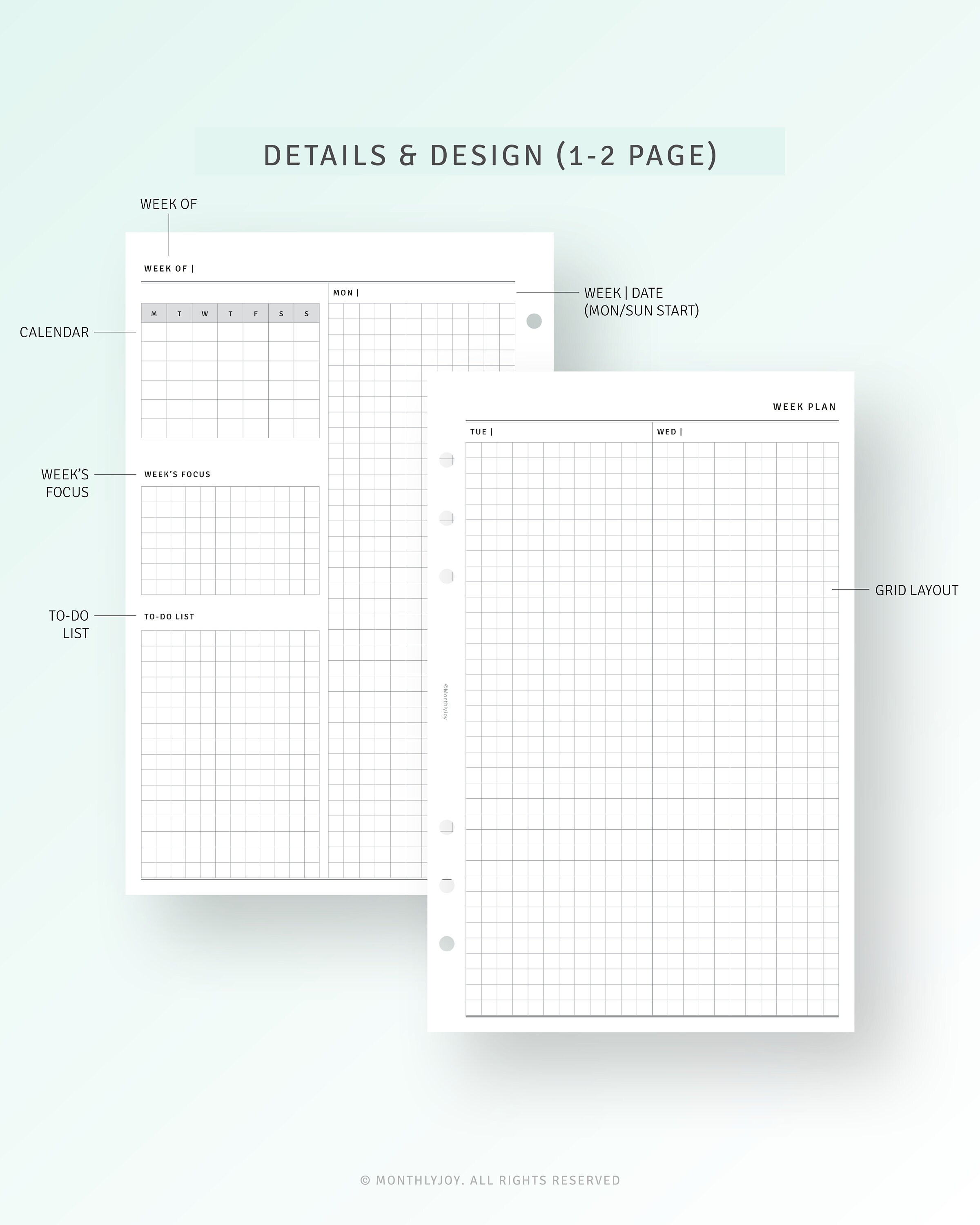 Week on 4 Pages Half-letter Planner Printable With Calendar, Undated ...