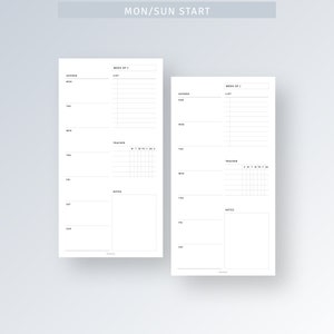 May include: A printable weekly planner with a black and white design. The planner has sections for agenda, list, tracker, and notes. The text "MON/SUN START" is at the top of the page.