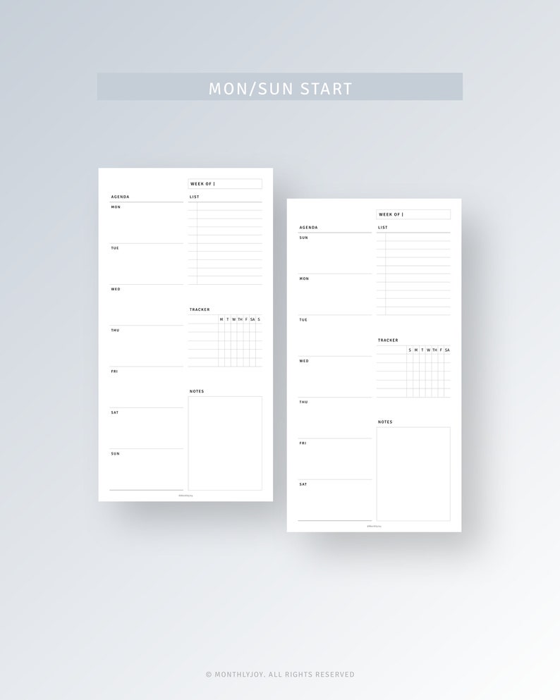 May include: A printable weekly planner with a black and white design. The planner has sections for agenda, list, tracker, and notes. The text "MON/SUN START" is at the top of the page.