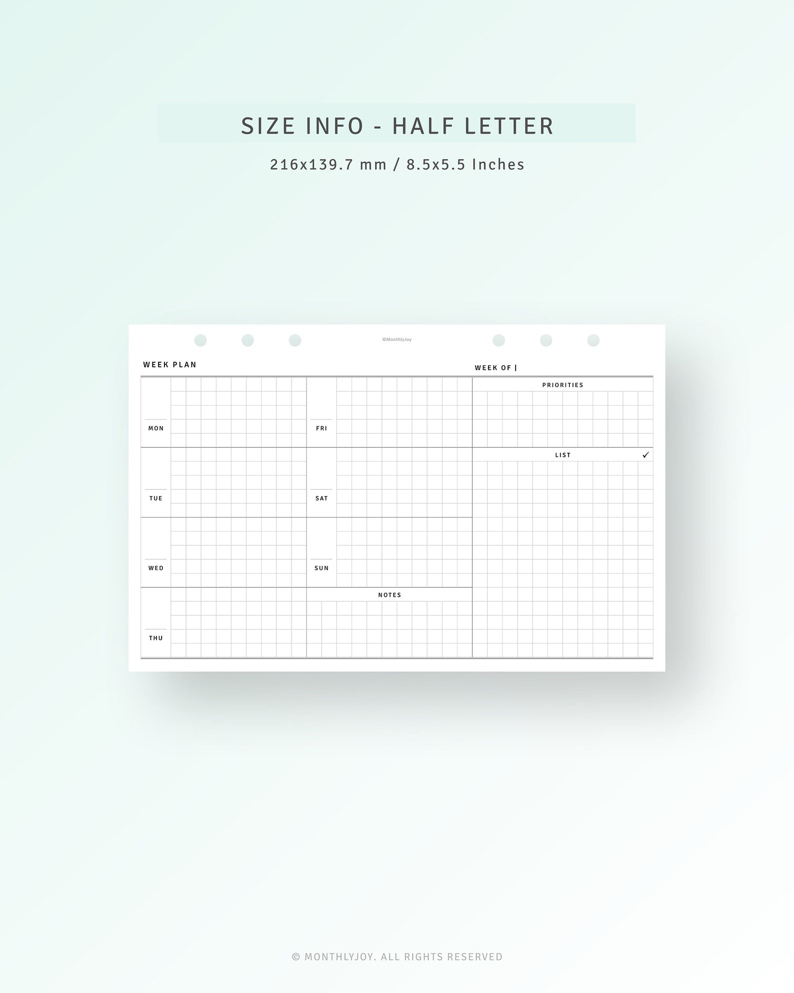 Undated Weekly Planner Half-letter Inserts Printable Week on One Page ...