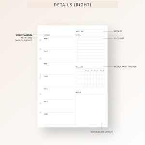 May include: A weekly planner page with sections for a weekly agenda, to-do list, tracker, and notes. The agenda section has a list of days of the week, Monday through Sunday, with space for writing. The to-do list section has lines for writing tasks. The tracker section has a grid for tracking habits or goals. The notes section is a blank space for writing.