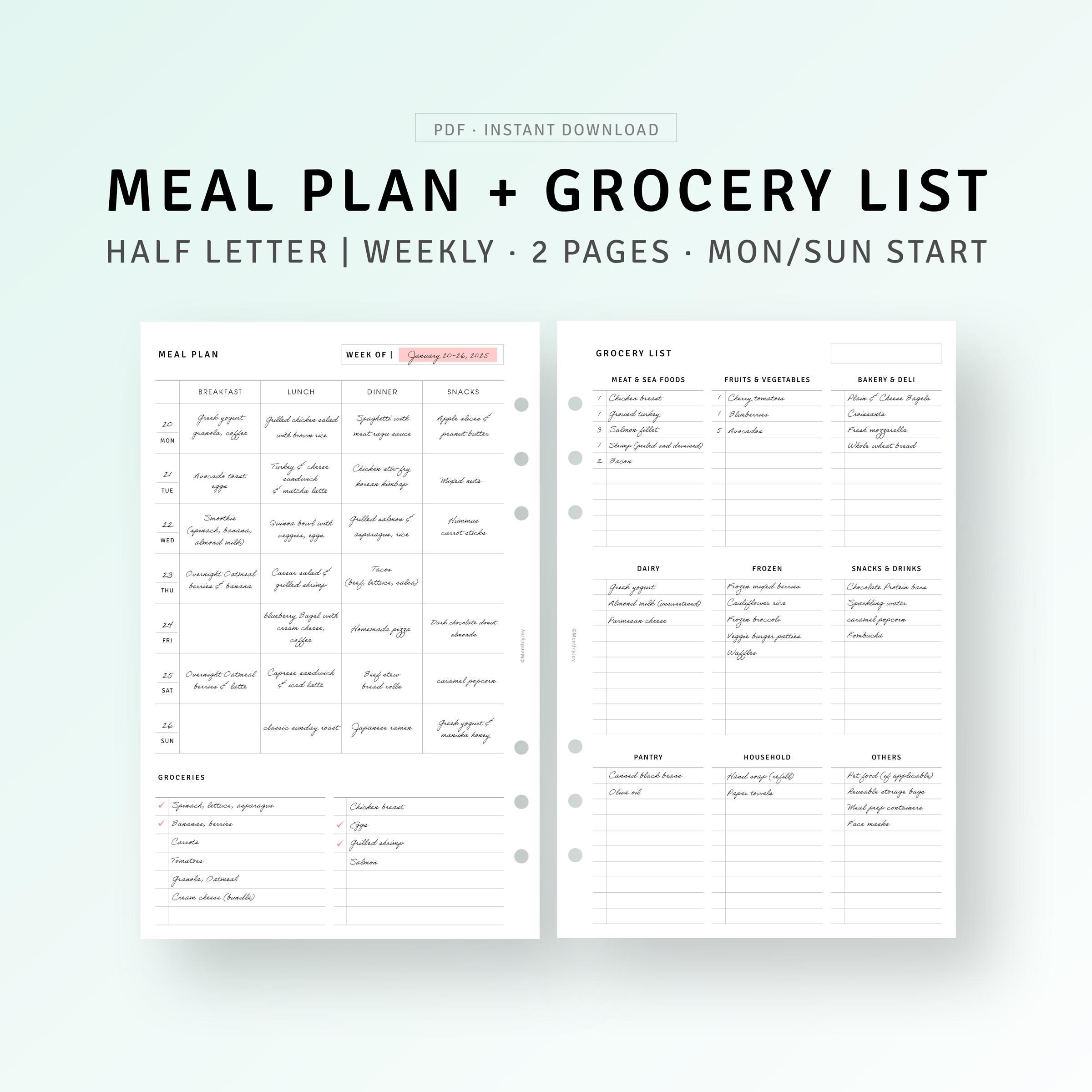 Week Meal Planner Printable Half Letter Inserts, Simple Grocery ...