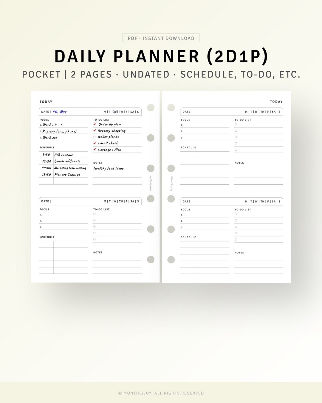 Pocket Ring, Daily Planner PDF Printable 2 Days on 1 Page, Undated ...