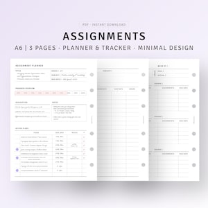 Puede incluir: Un planificador minimalista con la palabra "ASSIGNMENTS" en la parte superior. El planificador incluye secciones para la planificación de tareas, la descripción general del progreso y los planes de acción. Es una descarga instantánea en PDF, tamaño A6, con 3 páginas.
