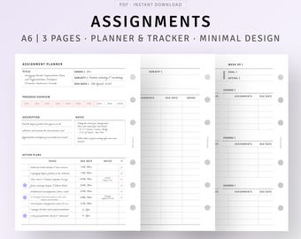 Assignment Tracker Printable A6 Ring Inserts, Student Planner Template, Homework Tracker, Minimal College Semester Planner, Digital Download