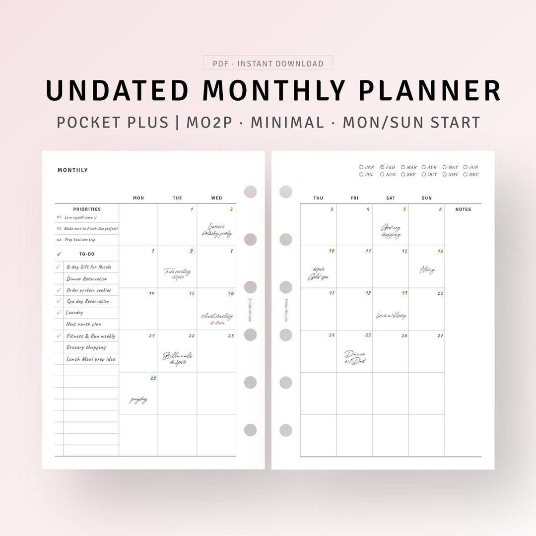 Undated Monthly Planner Printable Pocket Plus Inserts Month Planning ...