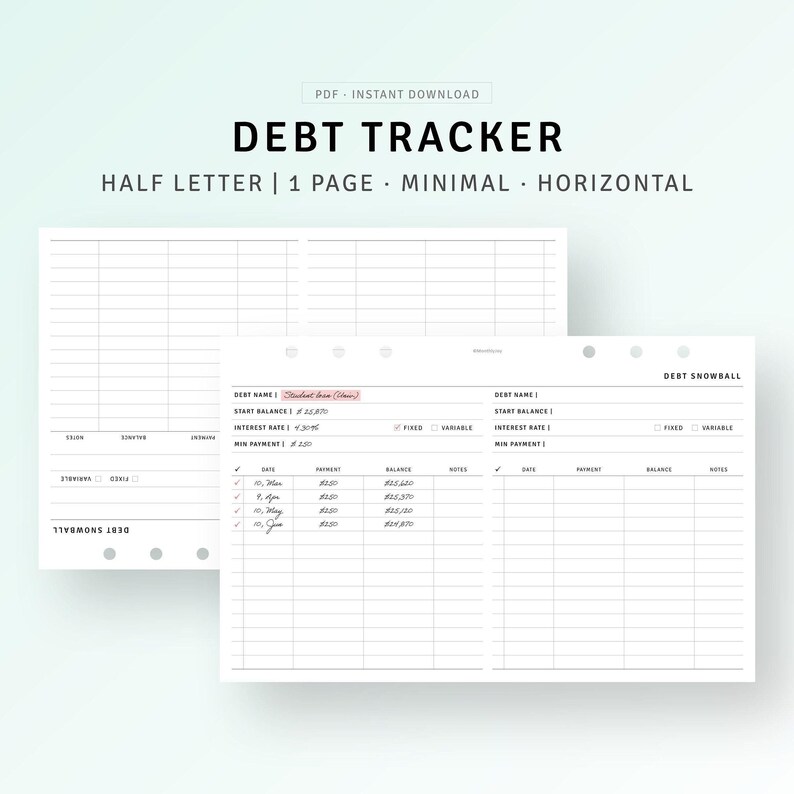 Debt Snowball Tracker Half-letter Planner Printable Student Loan Payoff