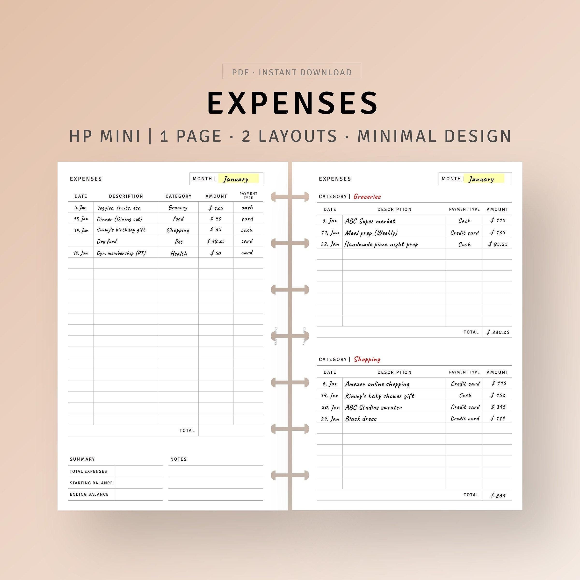 Expense Tracker Printable HP Mini Inserts, Spending Organizer, Personal ...