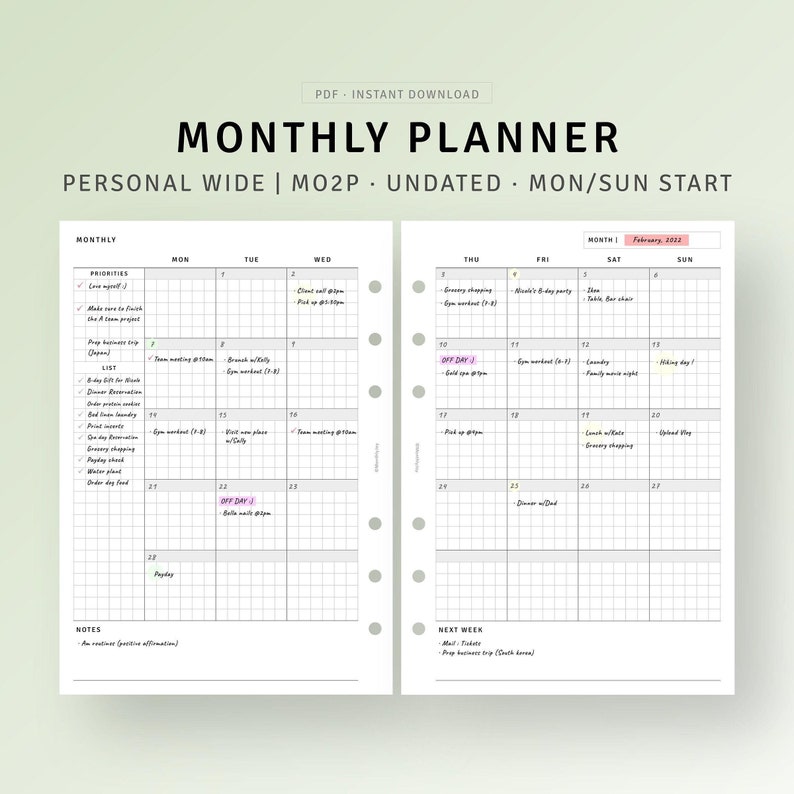 Minimal Monthly Planner Printable Month on 2 Pages, to Do List, Hobo ...