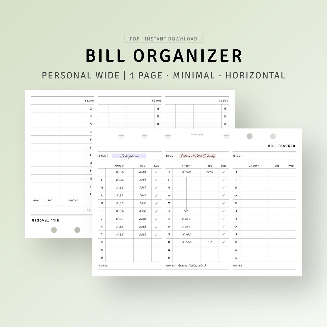 Monthly Bill Tracker Printable Personal Wide Inserts, Finance Template ...