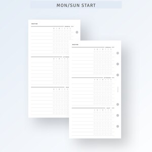 May include: A printable planner page with a black and white design. The page is divided into four sections: Routine, Morning, Afternoon, and Night. Each section has a grid of circles for tracking habits or tasks. The page is labeled "MON/SUN START".