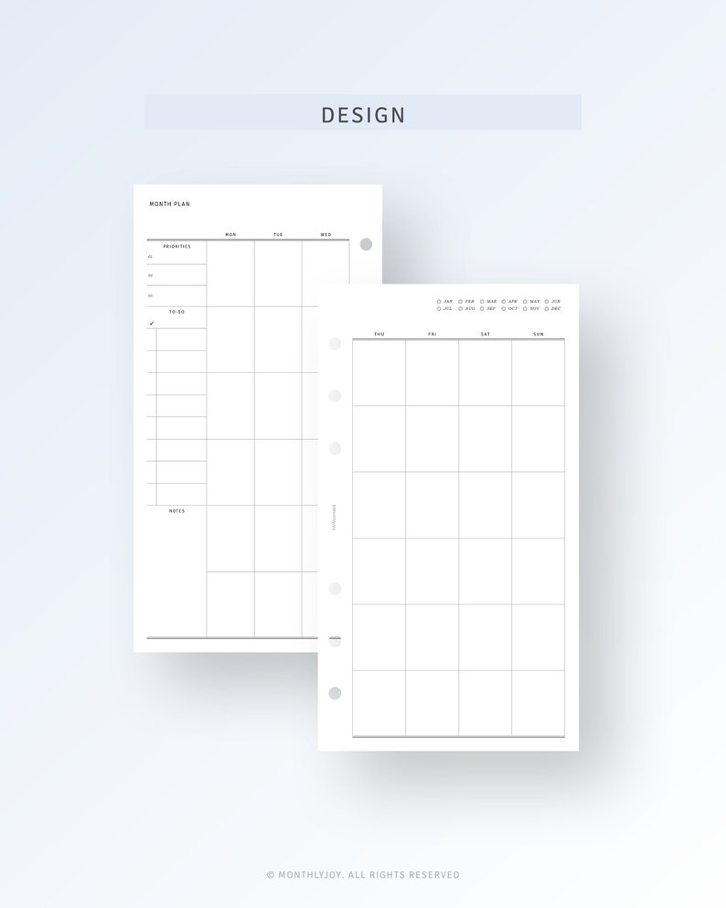 May include: A printable monthly planner with a grid layout. The planner has sections for priorities, to-do, and notes. The planner is designed for use with a disc-bound planner system.