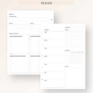 May include: A weekly planner with a priority matrix, agenda, to-do list, tracker, and notes section. The planner has a simple design with black text on a white background.