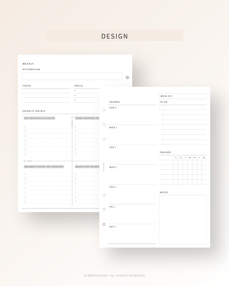 May include: A weekly planner with a priority matrix, agenda, to-do list, tracker, and notes section. The planner has a simple design with black text on a white background.