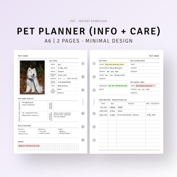 Pet Planner Printable A6 Ring, Puppy Health Information Organizer, Simple Pet Care Tracker, Pet Vaccination Journal Sheet, Cat Lover Planner