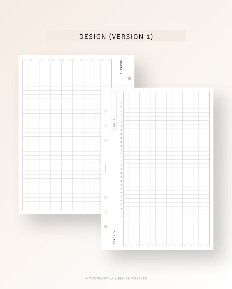 May include: Two blank printable pages for a monthly planner or journal. The pages are divided into a grid with numbered columns and rows. The top of each page has the word "TRACKERS" and the bottom of the page has the word "MONTH".