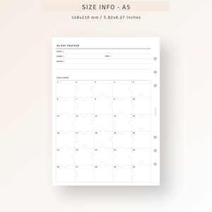 Op de afbeelding: Een printbare 30-daagse tracker met een puzzelachtig ontwerp. De tracker is verdeeld in 30 vierkanten, elk met een nummer van 1 tot 30. De tracker bevat ook secties voor een doel, een startdatum, een einddatum en notities. De tracker is ontworpen om mensen te helpen hun voortgang naar een doel te volgen over een periode van 30 dagen.