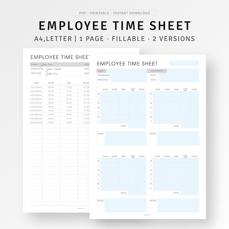 Employee Time Sheet Printable Weekly Timesheet Template, Work Hours Log ...