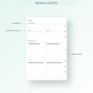 Pode incluir: Uma p&aacute;gina de planejador imprim&iacute;vel em preto e branco com o texto "DETAILS (LEFT)" no topo. A p&aacute;gina &eacute; dividida em se&ccedil;&otilde;es para afirma&ccedil;&otilde;es semanais, foco e objetivos semanais, e uma matriz de prioridade. A matriz de prioridade &eacute; dividida em quatro quadrantes: "DO | IMPORTANTE e URGENTE", "PLAN | IMPORTANTE, N&Atilde;O URGENTE", "DELEGATE | URGENTE, N&Atilde;O IMPORTANTE", e "DELETE | N&Atilde;O IMPORTANTE e URGENTE".