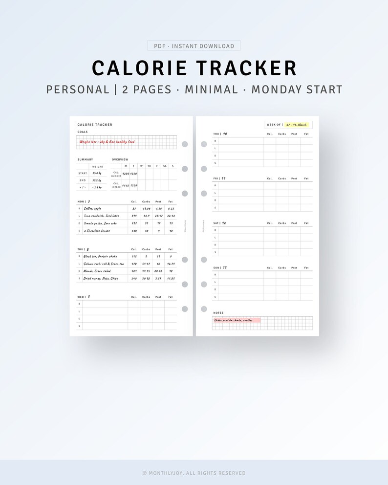 Personal Calorie Tracker Printable Food Diary Journal Etsy