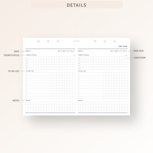 May include: A black and white printable planner page with sections for "Date", "Today's Focus", "To-Do List", "Notes", "Day Plan", "Mon-Sun", and "Check Box".
