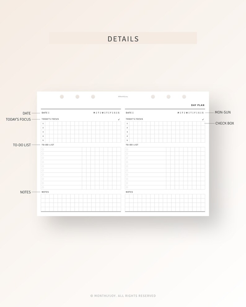 May include: A black and white printable planner page with sections for "Date", "Today's Focus", "To-Do List", "Notes", "Day Plan", "Mon-Sun", and "Check Box".