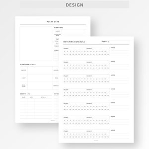 May include: A printable plant care and watering schedule planner with sections for plant details, growth log, and monthly watering schedule. The planner includes sections for plant name, scientific name, plant type, ideal temperature, light, water, humidity, soil, fertilizer, and notes.