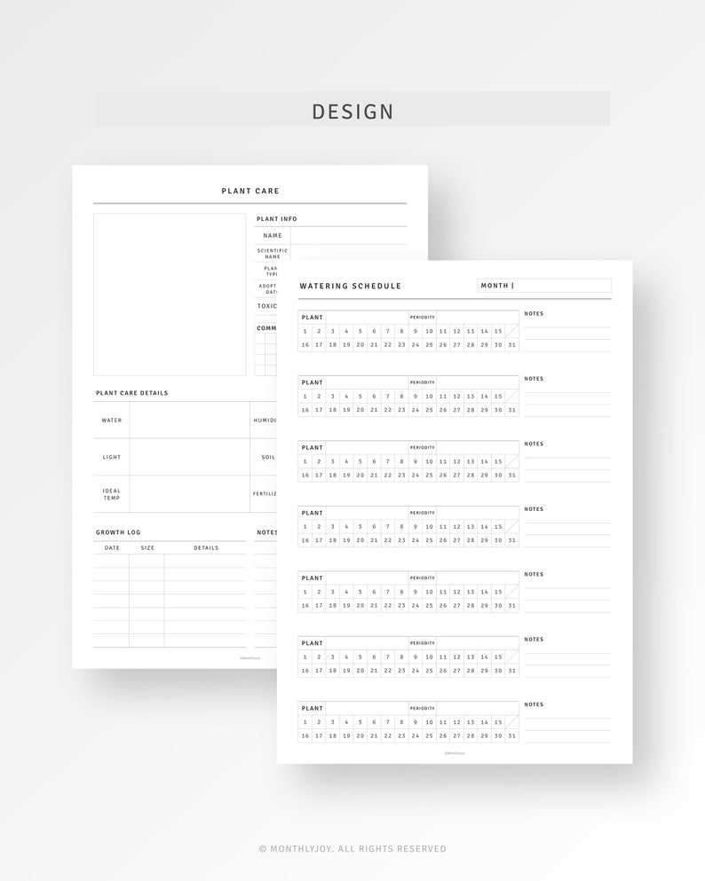 May include: A printable plant care and watering schedule planner with sections for plant details, growth log, and monthly watering schedule. The planner includes sections for plant name, scientific name, plant type, ideal temperature, light, water, humidity, soil, fertilizer, and notes.