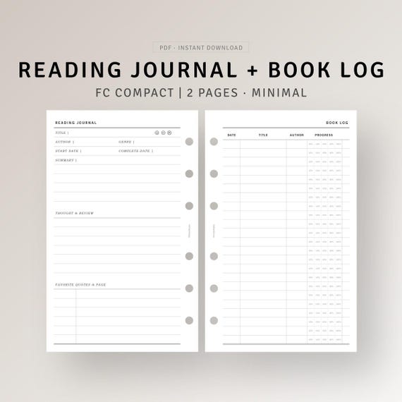 Reading Review Journal Printable FC Compact, Book Reading Log, Minimalist Book Tracker, Book Lovers Planner, Book Shelf, Digital Download