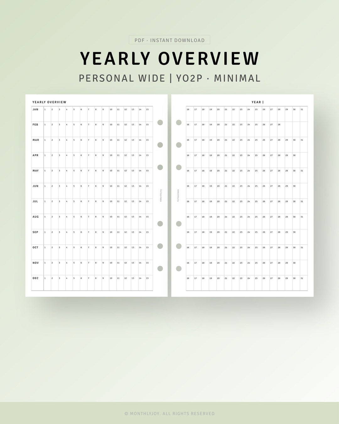 Yearly Planner Printable Personal Wide Inserts, Year at A Glance ...