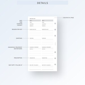 May include: A printable medical appointment tracker with sections for date, time, location, contact, reason for visit, symptoms, diagnosis and treatment, doctor name, prescription, and next appointment or follow up. The tracker has two blocks per page.