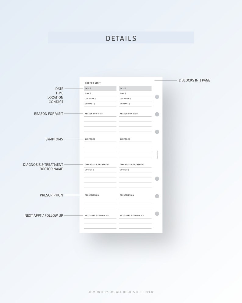 May include: A printable medical appointment tracker with sections for date, time, location, contact, reason for visit, symptoms, diagnosis and treatment, doctor name, prescription, and next appointment or follow up. The tracker has two blocks per page.