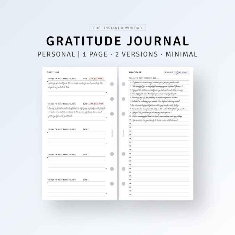Puede incluir: Un diario de gratitud minimalista con fondo blanco. El diario est&aacute; abierto, mostrando dos p&aacute;ginas con secciones rayadas para entradas diarias. El texto "GRATITUDE JOURNAL" est&aacute; en la parte superior, con "PERSONAL | 1 PAGE &bull; 2 VERSIONS &bull; MINIMAL" debajo.